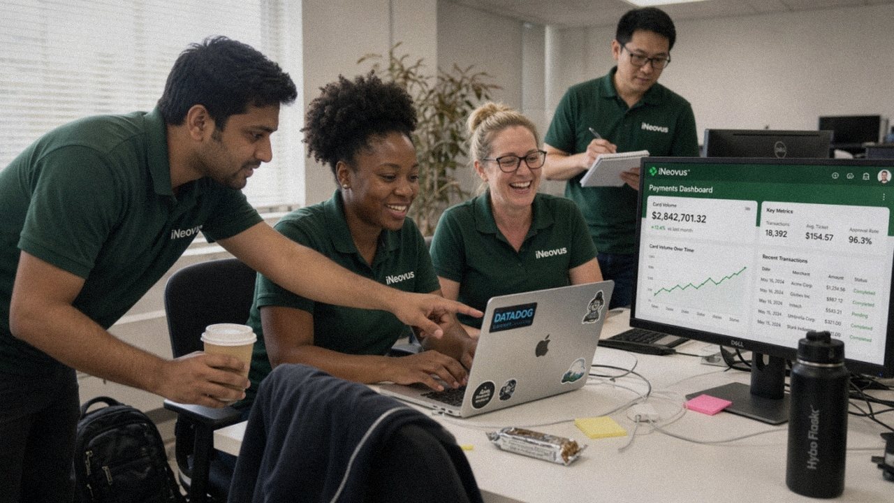 iNeovus engineers in company polos huddled at a desk over a laptop and a payments dashboard